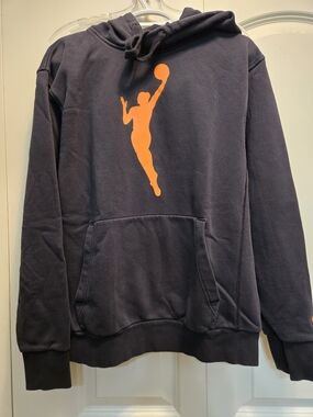 NBA Men's Navy Hoodie with Orange Basketball Silhouette Small